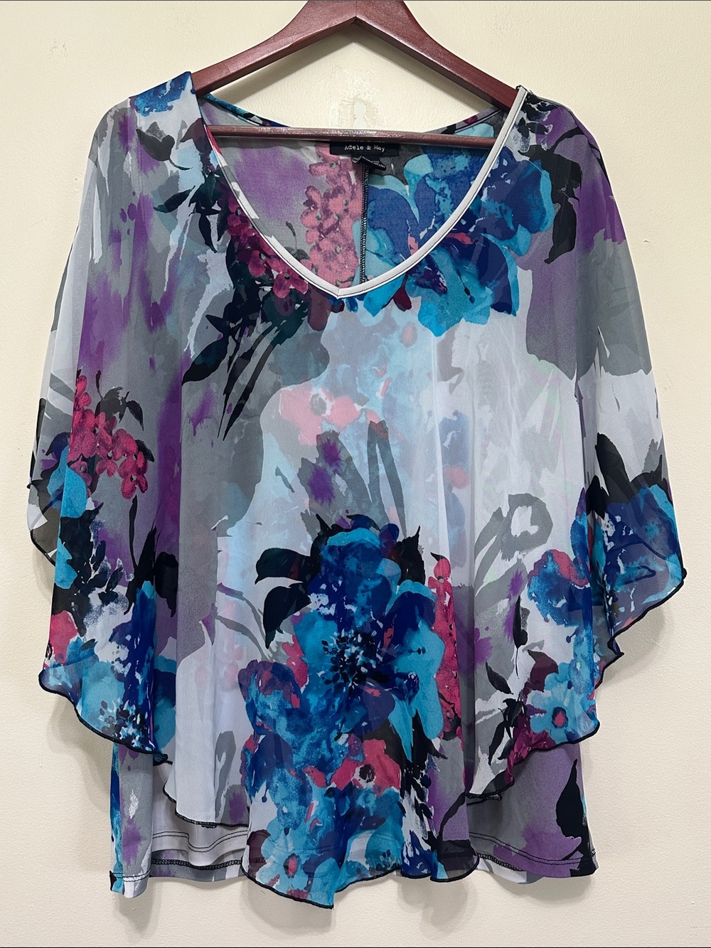 Adele & May Floral V-Neck Sheer Tunic in Blue & Purple